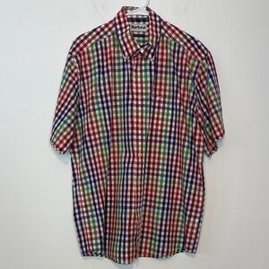 Barbour Men’s Short Sleeve Button Down Red, Green, Purple Checkered Shirt. Large